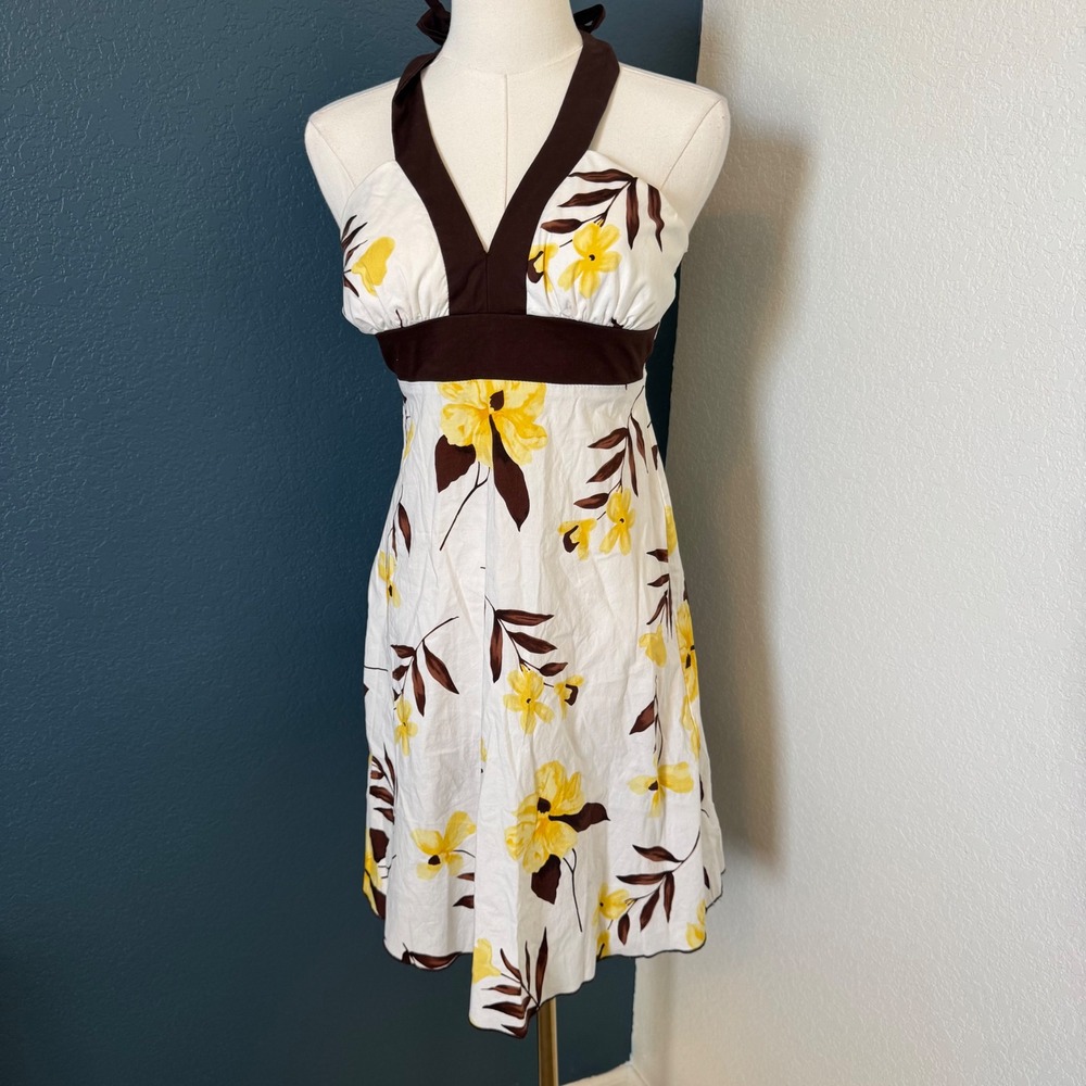 Y2K Retro Floral Coconut Girl Speechless Halter Dress Size 5 White Yellow Brown